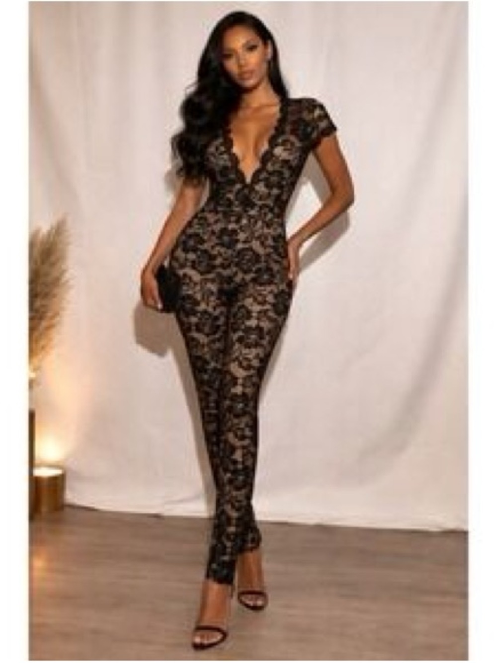 bebe Black Lace Sheer Floral Jumpsuit